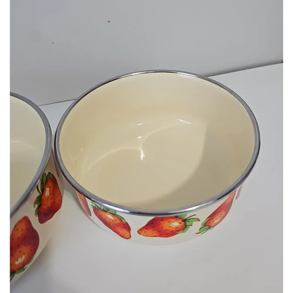 Two Vintage Kobe Enamel Bowls Cream Strawberry Nesting Mixing Cottagecore